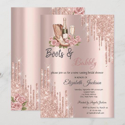 Invitation Botte rose Gold Drives Vin Boots & Bubbly Bridal (Devant / Derrière)