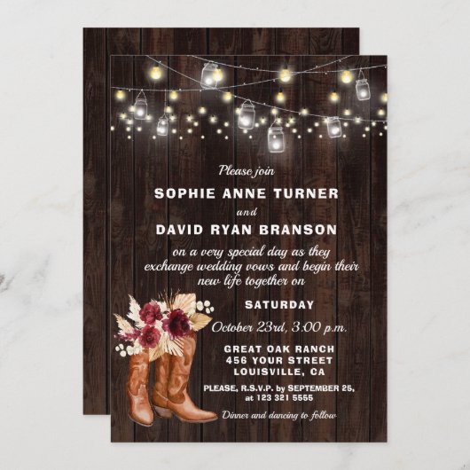 Invitation Botte Russe Western Cowboy Pampas Mariage en herbe (Devant / Derrière)