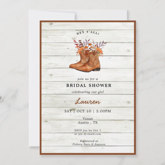 Invitation Botte rustique Cowboy douche nuptiale (Devant)