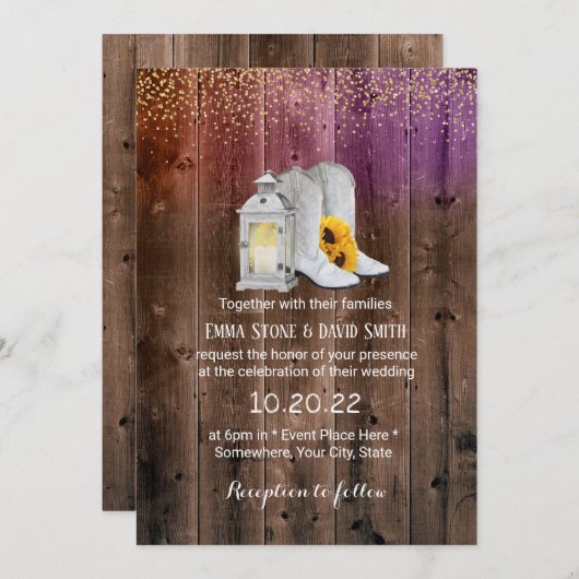 Invitation Botte rustique Cowboy Lantern Mariage Confetti Or (Devant / Derrière)