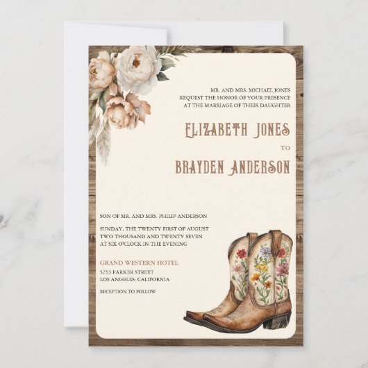 Invitation Botte Rustique Floral Western Code QR Mariage (Devant)