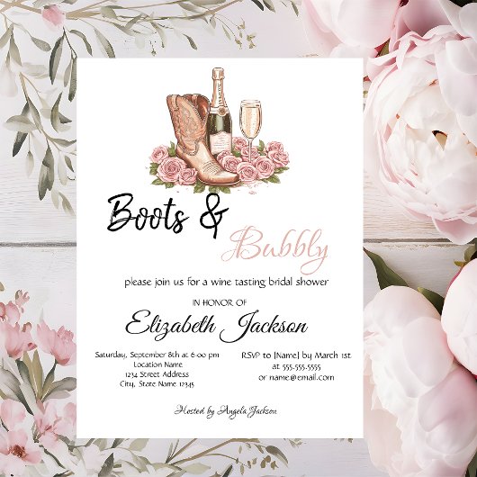 Invitation Botte Vin Bottes Florales & Fête des mariées Bubbl