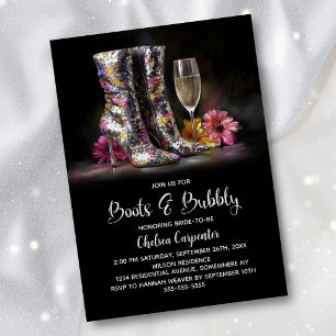 Invitation Bottes à paillettes argentées et fête prénuptiale 