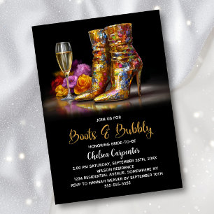 Invitation Bottes à paillettes dorées et fête prénuptiale pét