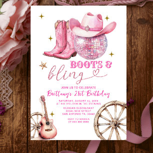 Invitation Bottes à paillettes en or rose et Bling 21e annive