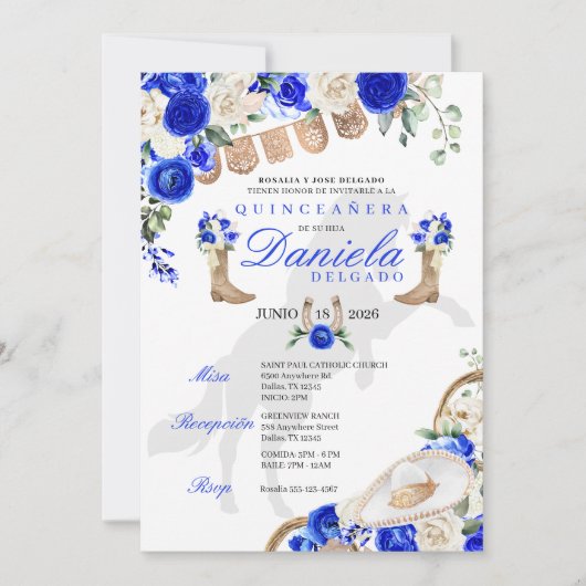 Invitation Bottes bleues et Roses Papel Picado Quinceañera (Devant)
