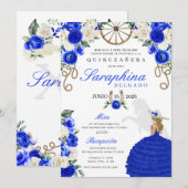 Invitation Bottes bleues royales et Roses Charro Quinceañera (Devant / Derrière)