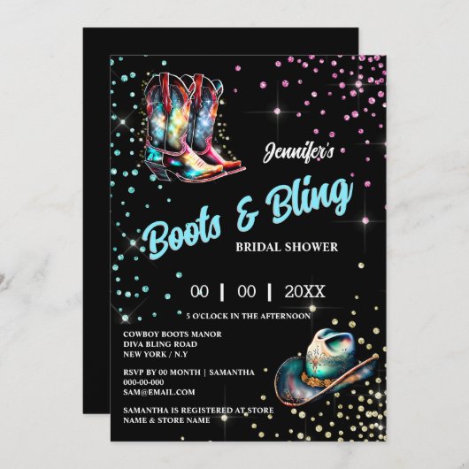 Invitation Bottes Bling cowboy bottes stetson parties scintil (Devant / Derrière)