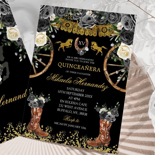 Invitation Bottes Charra occidentales noires et dorées 15 Ans