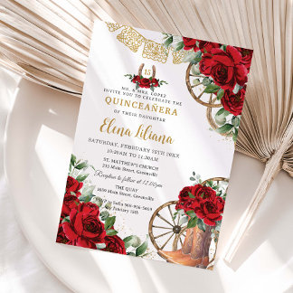 Invitation Bottes Charro Fleuries Roses Rouges Douce 16 Quinc
