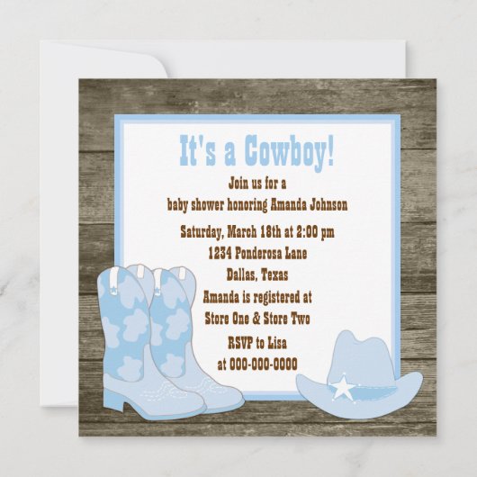 Invitation Bottes Cowboy Brown et bleu Baby shower Cowboy (Dos)