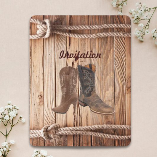 Invitation Bottes de cowboy en bois de grange mariage country