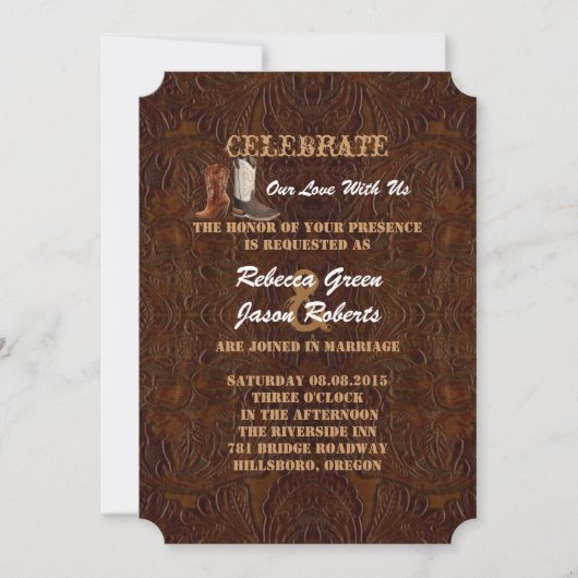 Invitation bottes de cowboy en cuir marron moderne mariage ch (Devant)