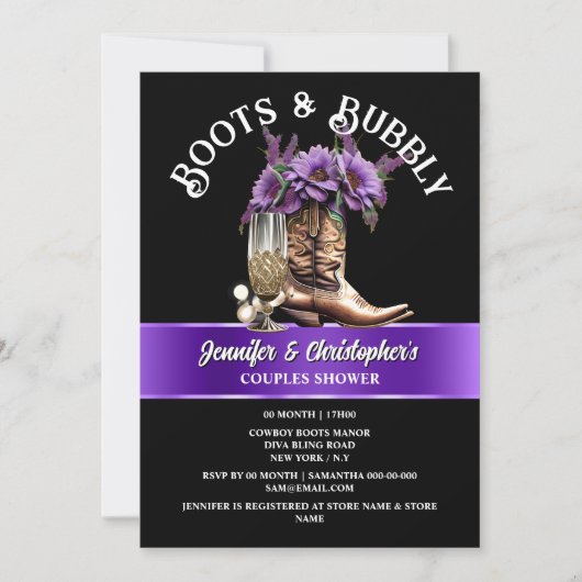 Invitation Bottes de cowboy occidental noir violet bulle chic (Devant)