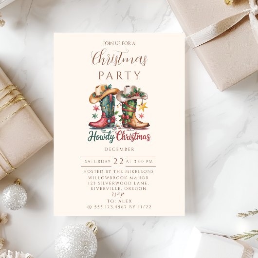 Invitation Bottes de cowboy occidentales Noël rustique Howdy