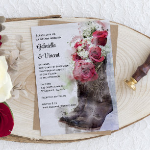 Invitation Bottes de cowboy Roses rouges Mariage aquarelle oc