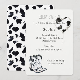 Invitation Bottes de cowgirl noir blanc vache ballon annivers