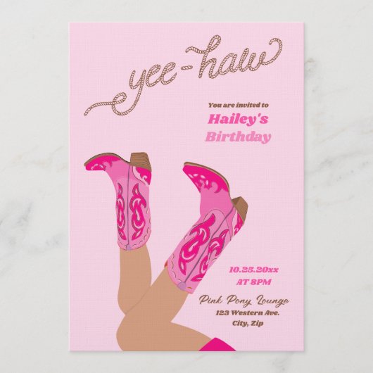 Invitation Bottes de cowgirl rose vif pour un anniversaire (Devant)
