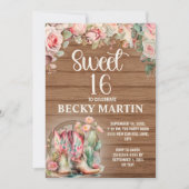 Invitation Bottes de cowgirl rustiques Roses roses Douce 16 (Devant)