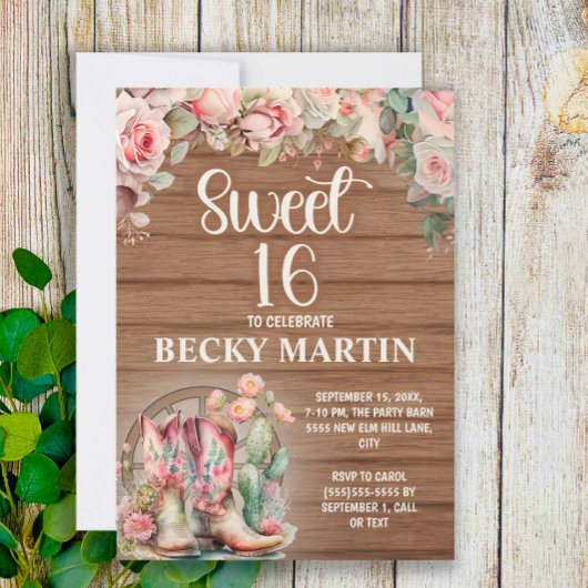 Invitation Bottes de cowgirl rustiques Roses roses Douce 16