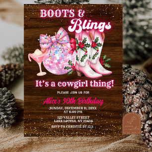 Invitation Bottes de Noël d'hiver rose et anniversaire de pai