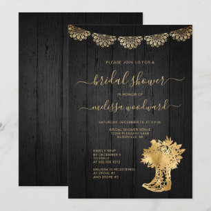 Invitation Bottes en bois rustiques Mariage Lace Noir Or