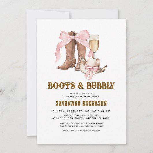 Invitation Bottes en Bow rose et Fête des mariées Bubbly West (Devant)