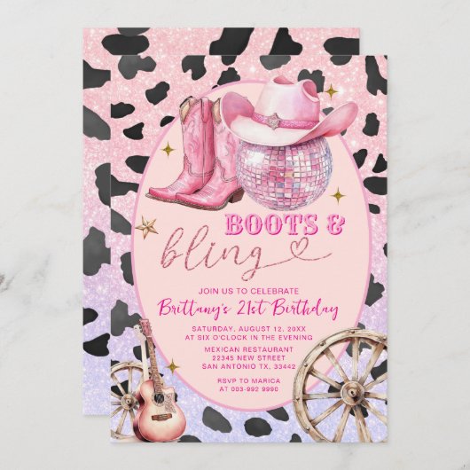 Invitation Bottes et billes rose Glittter 20e anniversaire (Devant / Derrière)