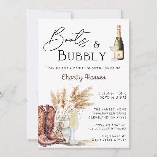 Invitation Bottes Et Bubbly Boho Pampas Fête des mariées Gras (Devant)