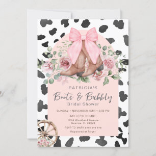 Invitation Bottes et Bubbly Motif de vache rose Fête des mari