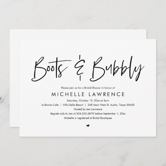 Invitation Bottes et bulles, Fête des mariées Décontractée mo (Devant / Derrière)