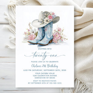 Invitation Bottes et chapeau de cowgirl bleus pour une fête d