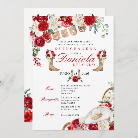 Invitation Bottes et cordes roux Mariachi Quinceañera (Devant / Derrière)
