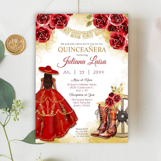 Invitation Bottes florales de Charra en or rouge occidental Q