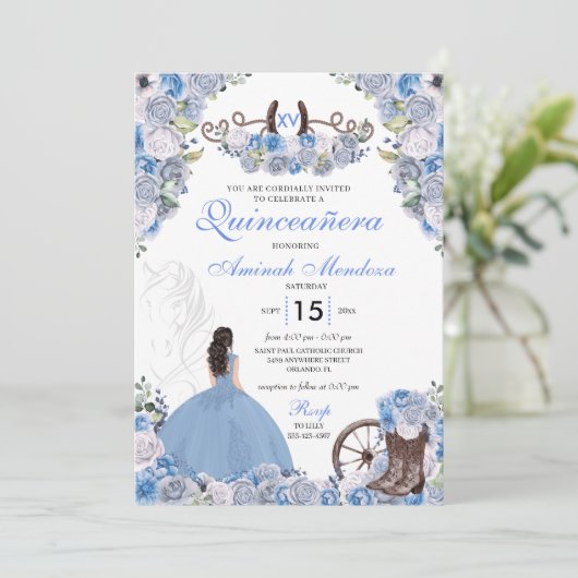 Invitation Bottes florales de Charra Ouest bleu Quinceañera (Debout devant)
