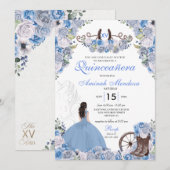 Invitation Bottes florales de Charra Ouest bleu Quinceañera (Devant / Derrière)