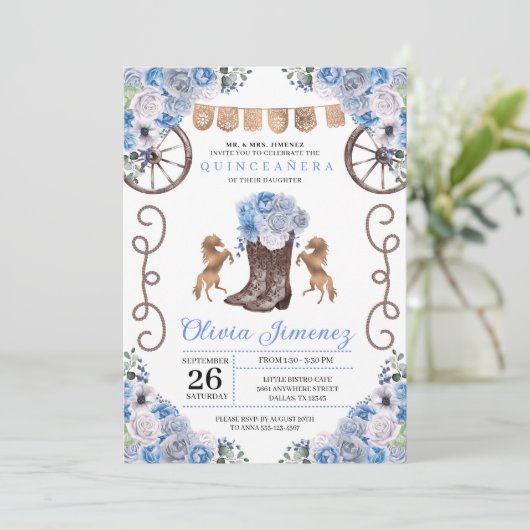 Invitation Bottes florales de Charra Ouest bleu Quinceañera (Debout devant)
