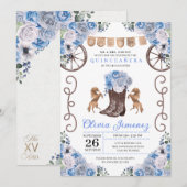 Invitation Bottes florales de Charra Ouest bleu Quinceañera (Devant / Derrière)