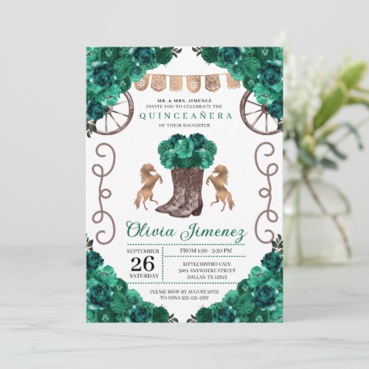 Invitation Bottes florales de Charra Ouest Vert Quinceañera (Debout devant)