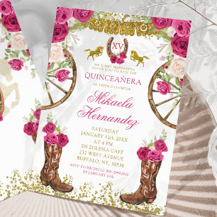 Invitation Bottes florales Quinceañera rose occidentale Fuchs