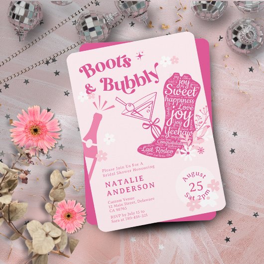 Invitation Bottes florales roses et Fête des mariées mousseus