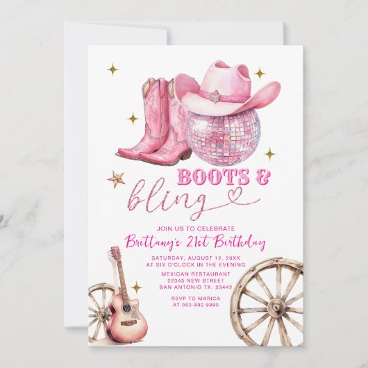 Invitation Bottes Glittter en or rose et Bling 21e anniversai (Devant)