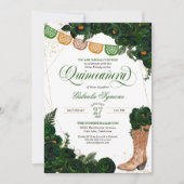 Invitation Bottes Occidentales Green Floral Charro Quinceaner (Devant)
