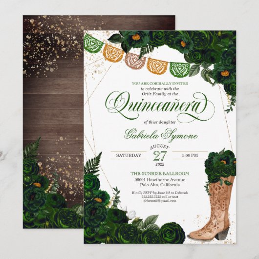 Invitation Bottes Occidentales Green Floral Charro Quinceaner (Devant / Derrière)