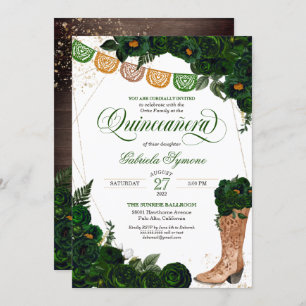 Invitation Bottes Occidentales Green Floral Charro Quinceaner