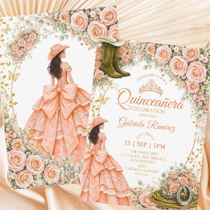 Invitation Bottes occidentales Roses pêche Or Quinceañera
