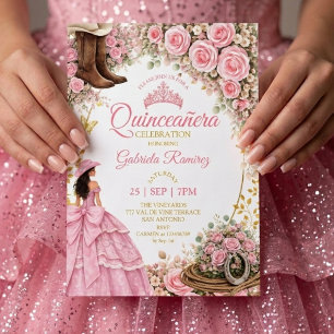 Invitation Bottes occidentales Roses roses dorées Quinceañera