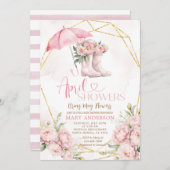 Invitation Bottes parapluies rose Roses avril Douches (Devant / Derrière)