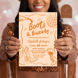 Invitation Bottes rétro orange et Fête des mariées bulle