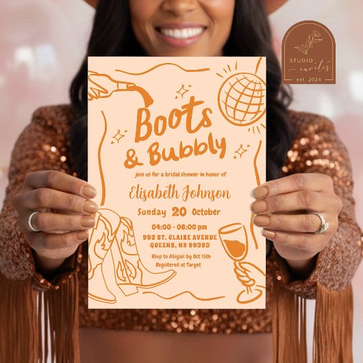 Invitation Bottes rétro orange et Fête des mariées bulle